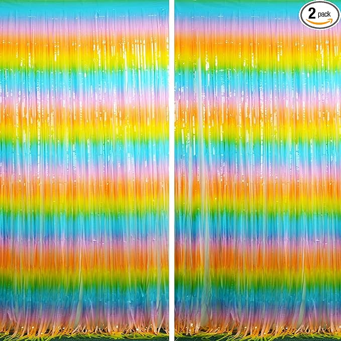 BRAVESHINE Colourful Tinsel Fringe Curtains - 2Pcs 3.2x8.2ft Holidays Photo Booths Streamers Backdrop for Christmas/New Years/Princess/Pastel/Girl/Unicorn/Birthday/Bridal Shower Party Decorations