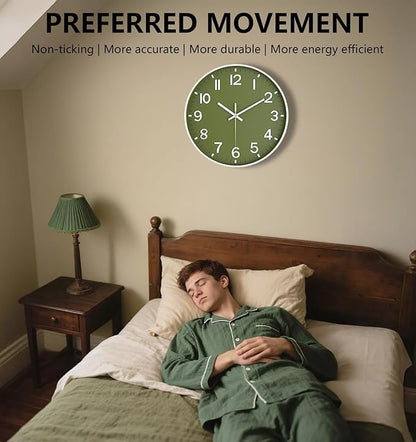Wall Clocks Battery Operated, 12 Inch Non Ticking Wall Clock, Silent Analog Clock for Bedroom Living Room Kitchen Office Gym Classroom Decor, Large Number Clocks for Seniors, Olive Green