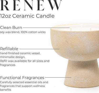Blueme Renew Candle | Ivy & Rose | 3 Wick - Refillable Wellness Candle with Essential Oils, Hand Finished & Poured Soy Wax Blend Ceramic Vessel, Natural Cotton Wicks | Medium 12 oz