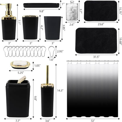 Bathroom Set - Black Bathroom Accessories Set, Bathroom Sets with Shower Curtain and Rugs, 24PC Shower Curtain Set with Hooks, Soap Dispenser, Soap Dish, Toilet Brush Holder and Trash Can