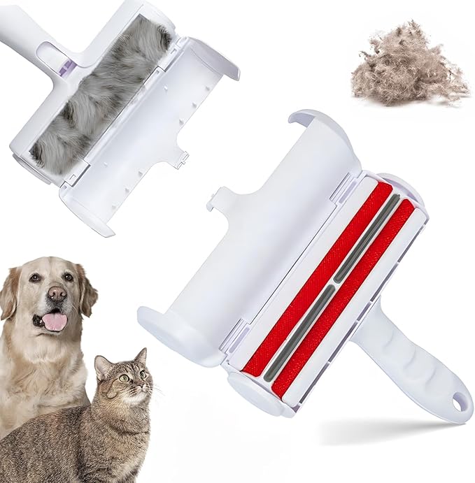 Pet Hair Remover and Reusable Lint Roller - Cat and Dog Hair Remover for Furniture, Couch, Carpet, Clothing and Bedding - Portable, Multi-Surface Fur Removal Tool (Red)