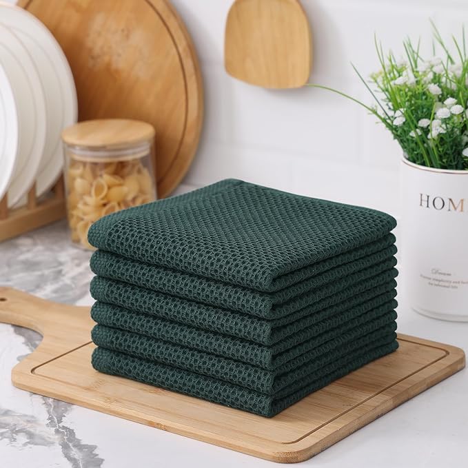 Kitinjoy 100% Cotton Kitchen Dish Cloths, 12 Pack Waffle Weave Ultra Soft Absorbent Dish Towels for Drying Dishes Quick Drying Kitchen Towels Dish Rags, 12 X 12 Inches, Blackish Green