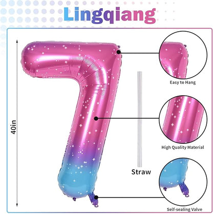 40'' Rainbow Number 7 Balloons, Giant Self Inflating Gradient Blue Pink Foil Number Balloons Set 0-9, Starry Digital 7 Helium Balloon for Girls 7th Birthday Party Decorations Anniversary Supplies