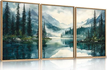 HLNIUC Green Foggy Forest Mountain Wall Art Framed,Large Boho Watercolor Pine Tree Wall Decor set of 3 (16"x24"), Nature Dark Lake Landscape Scenery Canvas Painting for Living Room, Bedroom, Office