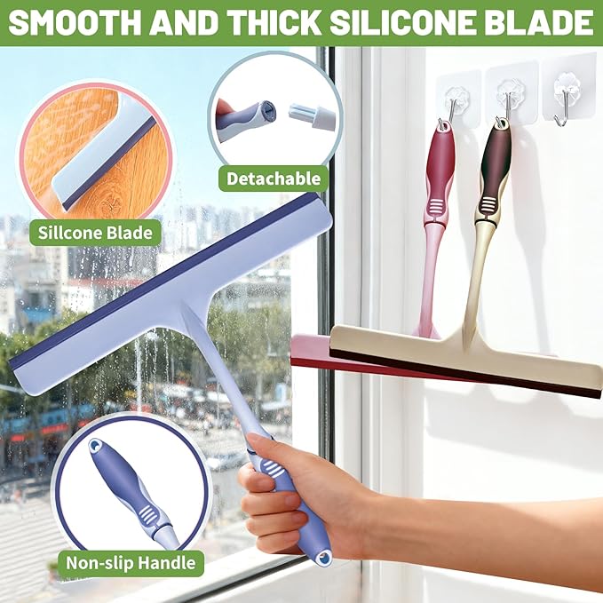 3Pcs Hand Squeegee for Shower Glass - Durable Rubber Grip,Flexible Silicone Blade, with 3 Adhesive Hooks Lightweight Ergonomic Shower Squeegee for Glass Doors, Windows, and Tiles