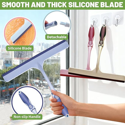 3Pcs Hand Squeegee for Shower Glass - Durable Rubber Grip,Flexible Silicone Blade, with 3 Adhesive Hooks Lightweight Ergonomic Shower Squeegee for Glass Doors, Windows, and Tiles