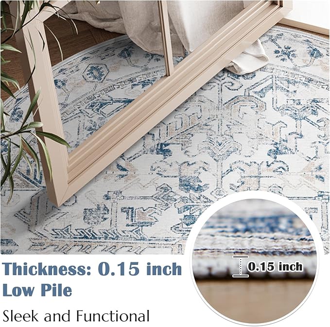 jinchan Round Rug 5ft Vintage Machine Washable Area Rug Kitchen Indoor Circle 5' Ultra-Thin Non-Slip Floral Print Carpet for Farmhouse Entryway Dining Room Living Room Bedroom Office (5'Round,Blue)