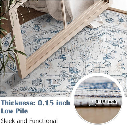 jinchan Round Rug 5ft Vintage Machine Washable Area Rug Kitchen Indoor Circle 5' Ultra-Thin Non-Slip Floral Print Carpet for Farmhouse Entryway Dining Room Living Room Bedroom Office (5'Round,Blue)
