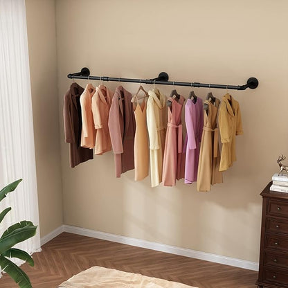 Wall Mounted Clothes Rack 60in, Industrial Pipe Clothing Racks Wall Mount, Heavy Duty Detachable Iron Garment Bar, Saving Space, Multi-Purpose Hanging Rod for Bedroom, Laundry Room, 2 Packs