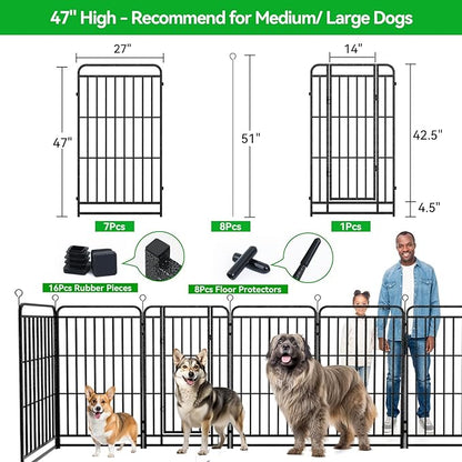 Dog Playpen Outdoor 8 Piece Panels Heavy Duty Dog Fence 47" Height with Thick Pipe Anti-Rust with Doors Portable for RV Camping Yard, Total 18FT, 25 Sq.ft, Snowy Black