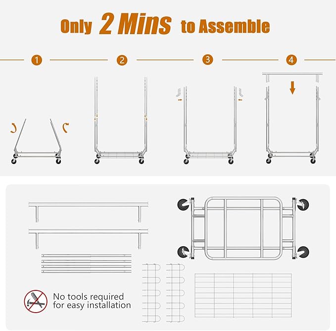 Heavy Duty Clothes Rack Load 620 LBS Metal Garment Clothing Rack Hang 300 pieces of clothing on Wheels Collapsible Rolling Portable & Adjustable Double Rod with Hook for Hanging Clothes