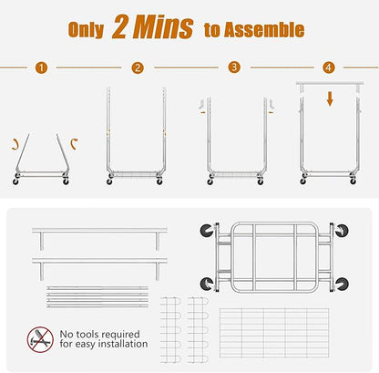 Heavy Duty Clothes Rack Load 620 LBS Metal Garment Clothing Rack Hang 300 pieces of clothing on Wheels Collapsible Rolling Portable & Adjustable Double Rod with Hook for Hanging Clothes