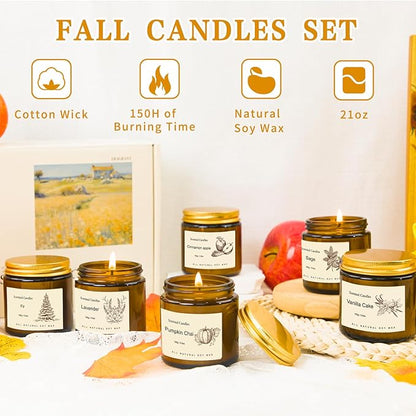 6 Pack Fall Candles Set,Scented Candles for Home, Aromatherapy Gifts for Women Men, Fall Winter Holiday Natural Soy Candles Set for Birthday, Mother's Valentines Day Gifts for Her