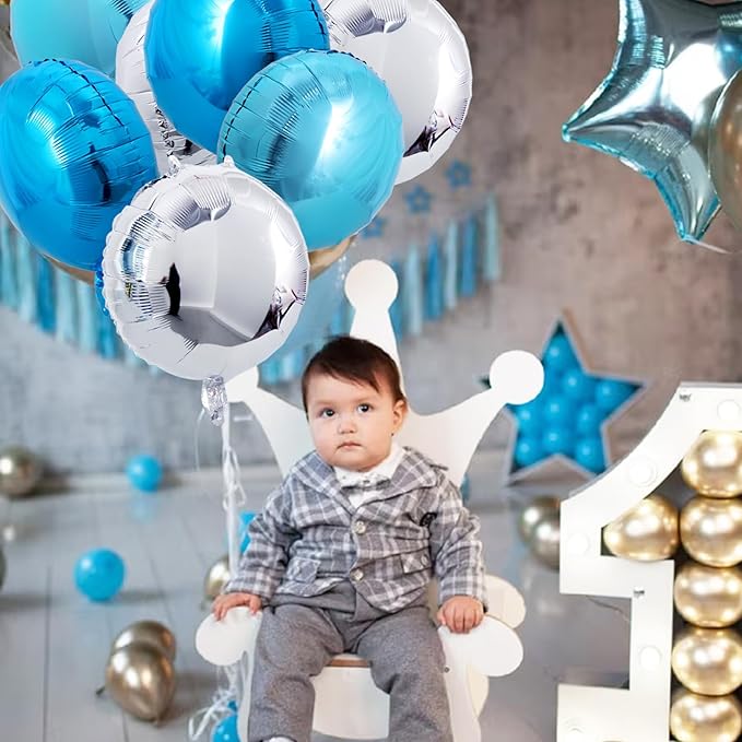 TONIFUL 30Pcs 18 Inch Balloons Large Blue and Silver Round Shape Foil Ballons Big Round Helium Mylar Decorations for Birthday Wedding Baby Shower Anniversary Engagement Party Supplies