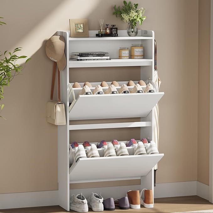 Shoe Cabinet Organizer with 2 Flip Drawers，Freestanding Shoe Rack Cabinet，Narrow Shoe Cabinet Storage for entryway, Foyer, Hallway, White, 23.6" W