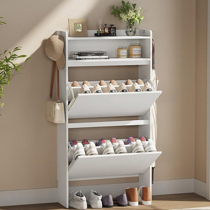 Shoe Cabinet Organizer with 2 Flip Drawers，Freestanding Shoe Rack Cabinet，Narrow Shoe Cabinet Storage for entryway, Foyer, Hallway, White, 23.6" W