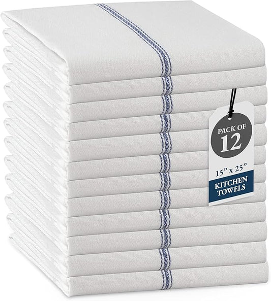 LANE LINEN Kitchen Towel Set- 12 Pack 14"x25" Dishtowels for Kitchen, Absorbent 100% Cotton Dish Drying Towels, Cleaning Cloth for Countertops, Soft & Durable, Machine Washable - Blue Stripe