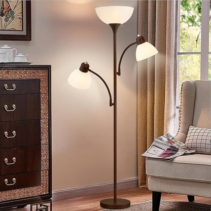 Luvkczc Floor Lamps for Living Room, 72" Tall Standing Lamp, Torchiere Lamp with 2 Reading Lamps, Industrial Bright Floor Lamp for Bedroom, Office, Dresser, Brown Lamps, 3 LED Bulbs Included