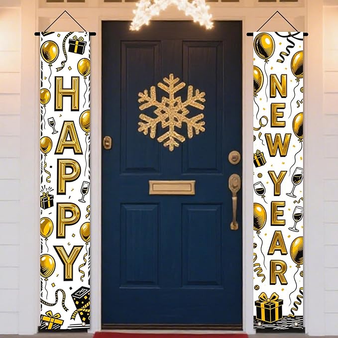 Nuxovilar Happy New Year Banner, 70.86" x 11.81" Black Gold Champagne Glass Hanging Decorations for Outdoor Indoor Home Wall