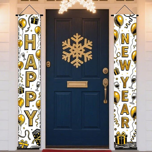 Nuxovilar Happy New Year Banner, 70.86" x 11.81" Black Gold Champagne Glass Hanging Decorations for Outdoor Indoor Home Wall