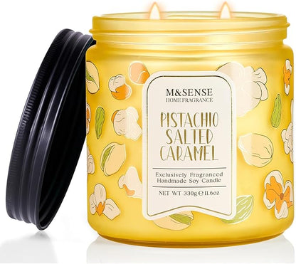M&SENSE Pistachio Caramel Scented Candle, 11.6oz Natural Soy Wax Non Toxic, 2 Wick Jar Candle, Up to 70 Hours Clean Burn, Housewarming Gift for Women, Nutty Sweet Aroma for Home Office Comfort