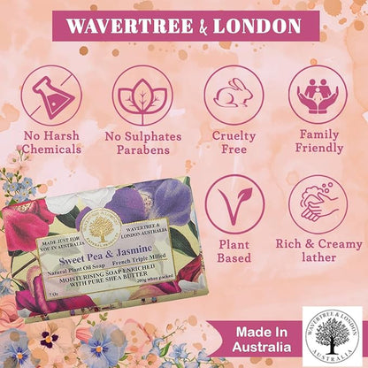 Wavertree & London Sweet Pea & Jasmine Scented Natural Soap (8 Bars), 7oz Moisturizing French Triple Milled Soap Bars enriched with shea butter - Pure Plant Oil Bath & Body Bars for All Skin Types
