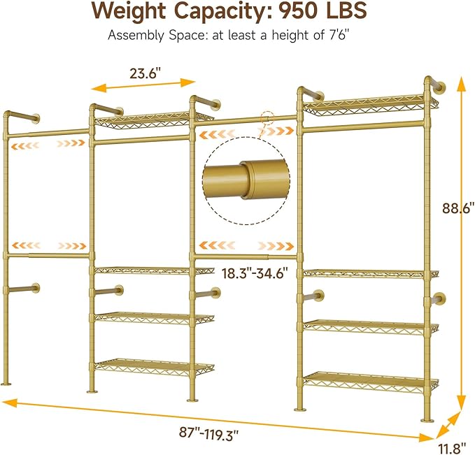 H4 Wall Mounted Closet System, Expandable Industrial Pipe Clothes Rack Clothing Rack for Hanging Clothes, Heavy Duty Closet Organizers and Storage in Wardrobe Closet - Gold