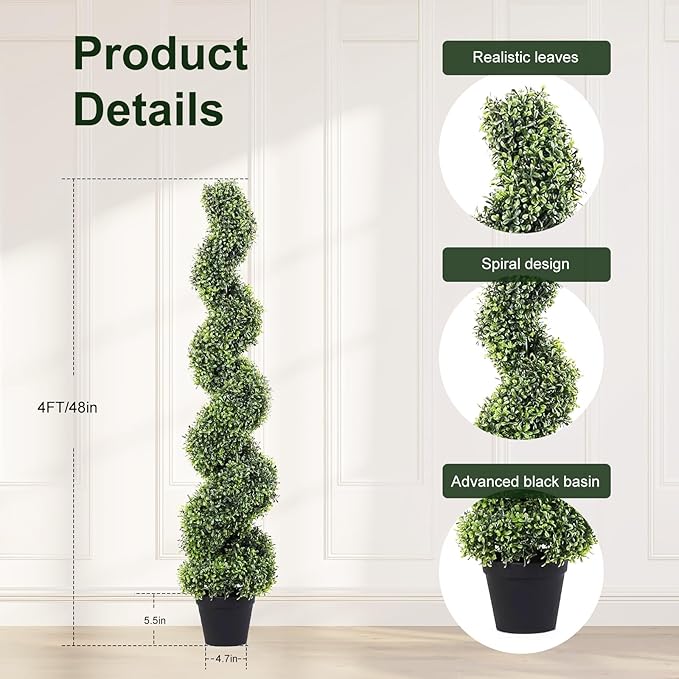 4FT Artificial Boxwood Spiral Topiary Trees, 4ft Tall (2 Pieces) Faux Plant Outdoor, All-Year Green Fake Plant with Replaceable Leaves for Decorative/Indoor/Porch/Garden