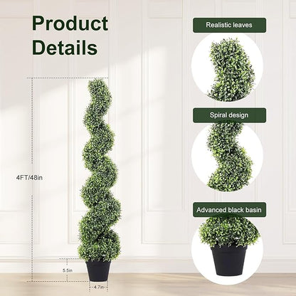 4FT Artificial Boxwood Spiral Topiary Trees, 4ft Tall (2 Pieces) Faux Plant Outdoor, All-Year Green Fake Plant with Replaceable Leaves for Decorative/Indoor/Porch/Garden