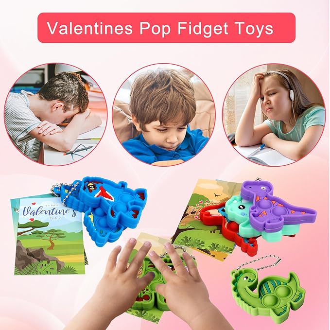 Kiss Monkey Valentines Day Gifts for Kids, Valentines Cards for Kids Classroom with Dinosaur Pop Fidget Toys, School Exchange Gifts for Boys Girls, Class Valentines Party Favors Goodie Bag Stuffers