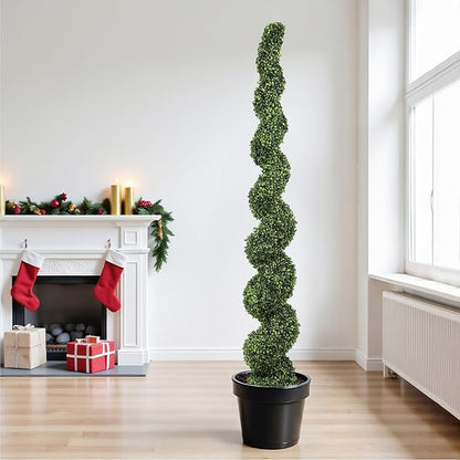 THE BLOOM TIMES 7ft Spiral Topiary Trees Artificial Outdoor Set of 2, 82 inch Faux Boxwood Plants Outside - All-Year Green Fake Twisted Tree for Garden Front Porch Planter Decor 7 Foot