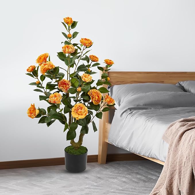 40" Artificial Camellia Tree 2 Pack,Faux Floral Plant Fake Trees with Orange Blooming Flowers,Artificial Plants Greenery Potted Plant for Outdoor Indoor Home Porch Decor