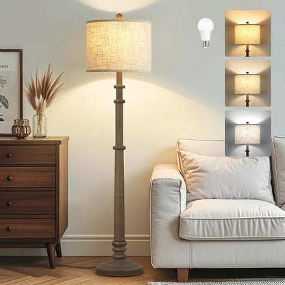Floor Lamps for Living Room - 60" Resin Farmhouse Floor Lamp with 3 Color Temperatures - Vintage Standing Lamp Reading Light with Linen Shade Retro Tall Lamp for Bedroom Office, Grey
