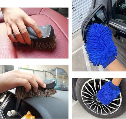 GIANT BEAR 3 Piece Cleaning Set 38-70 inch car wash Brush with 10 inch Soft Bristle Head, Horse Hair Cleaning Brush, car Cleaning Gloves, Water Flow ON/Off, for Cars, Boats, Trucks, RVs.