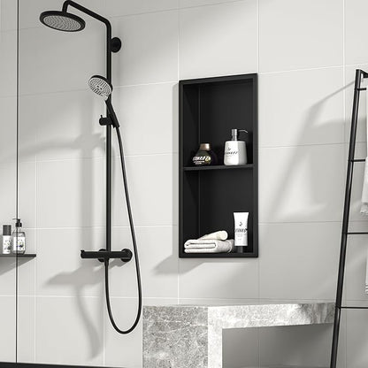 Stainless Steel Shower Niche 24" X 12" Matte Black No Tile Needed Niche Shower with Double Shelves Recessed Wall Niches for Bathroom Space Saving Over Mount Installation