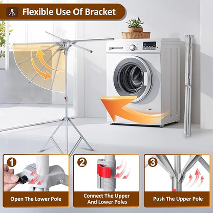 Tripod Drying Rack Height Adjustable, 2025 Upgraded Foldable Portable Standing Drying Rack,Carbon Steel Material Drying Rod, Easy to Install,Use for Indoor and Outdoor Clothes, Towel Drying