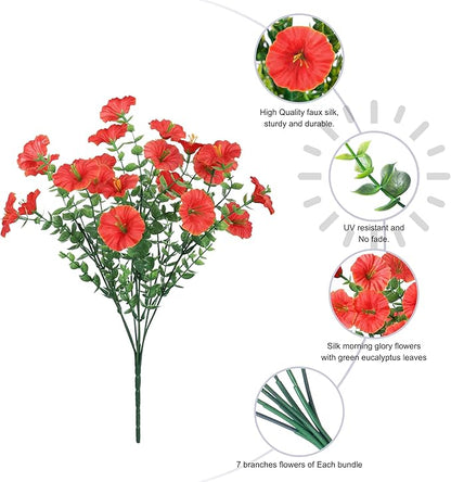 Fake Mums Fall Artificial Flowers Plants for Outdoors Autumn Decoration, 12 Bundles Silk Morning Glory with Eucalyptus Realistic UV Resistant Faux Mums for Outside Planter Yard Garden Home Indoor, Mix