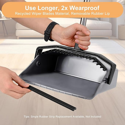 Broom and Dustpan Set, 51'' Broom with Dustpan Combo Set, Large Standing Dustpans Long Handle, Brooms and Dustpans for Restaurant Garage Floor Lobby Pet Hair Indoor Outdoor - Grey and Black