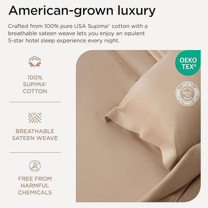 Threadmill Supima Cotton Sheets Queen | 656 Thread Count Queen Sheets for Queen Mattress | 4 Piece Luxury Bed Sheets | Sateen Weave Hotel Quality Sheets with Elasticized Deep Pocket | Beige Sheets