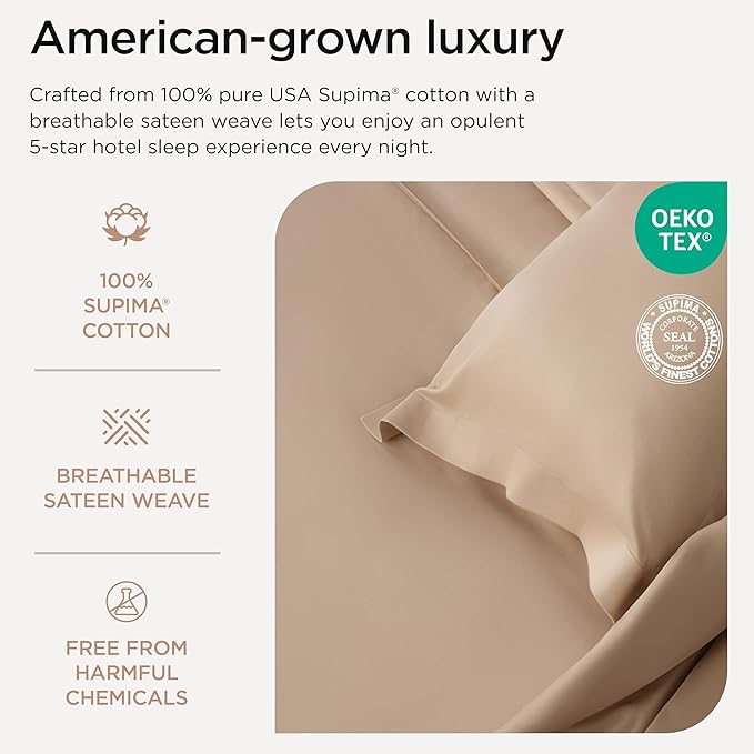Threadmill California King Sheet Sets |Certified American Supima Cotton Sheets | 656 Thread Count 4 Piece Hotel Quality Luxury Bed Sheets Set with Elasticized Extra Deep Pocket |Beige Sheets