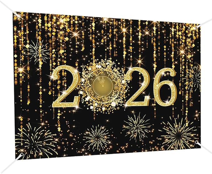 MEHOFOND 8x6ft Black and Gold 2026 New Year Backdrop Cheers to 2026 Photography Background Hello 2026 Dripping Glitter Dots Fireworks Clock Decor Time to 2026 New Year Eve Cake Smash Photo Props