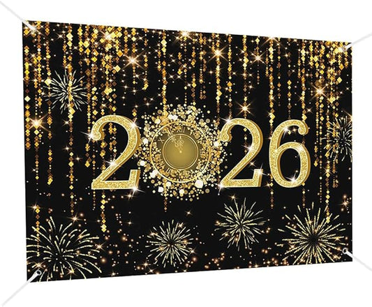 MEHOFOND 8x6ft Black and Gold 2026 New Year Backdrop Cheers to 2026 Photography Background Hello 2026 Dripping Glitter Dots Fireworks Clock Decor Time to 2026 New Year Eve Cake Smash Photo Props