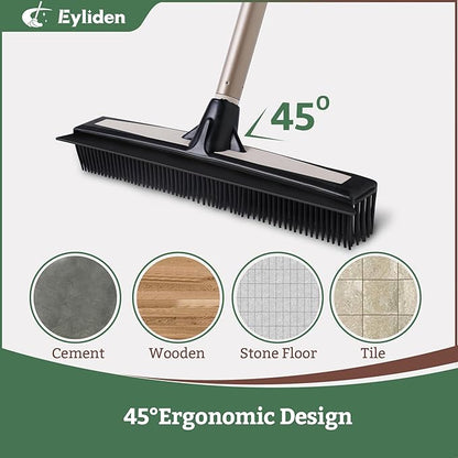 Eyliden Rubber Carpet Rake for Pet Hair, 2-in-1 Push Broom with Squeegee, 54" Telescopic Handle, Fur Water Remover Brush for Carpet, Rug, Hardwood, Tile Floors