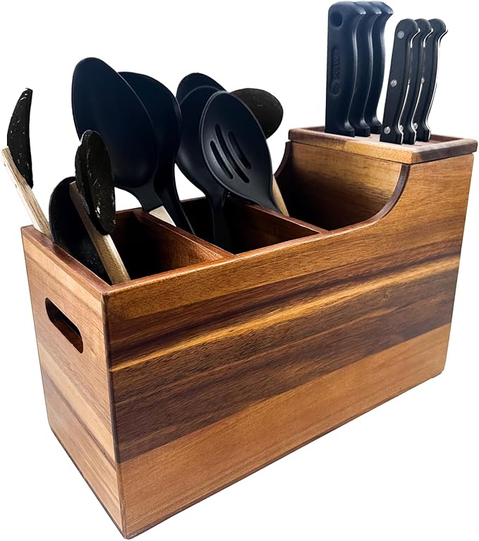 Kitchen Utensil Holder & Organizer with 6-Knife Storage Block - Wood - Countertop or Wall Mountable - Moisture & Water Resistant - Non-Slip Pads