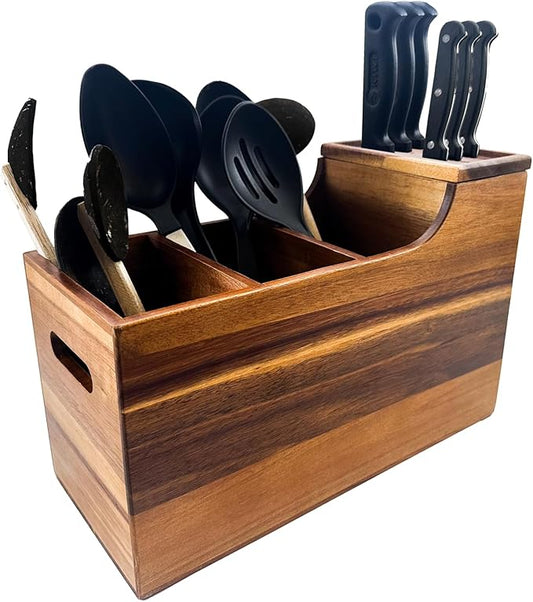 Kitchen Utensil Holder & Organizer with 6-Knife Storage Block - Wood - Countertop or Wall Mountable - Moisture & Water Resistant - Non-Slip Pads