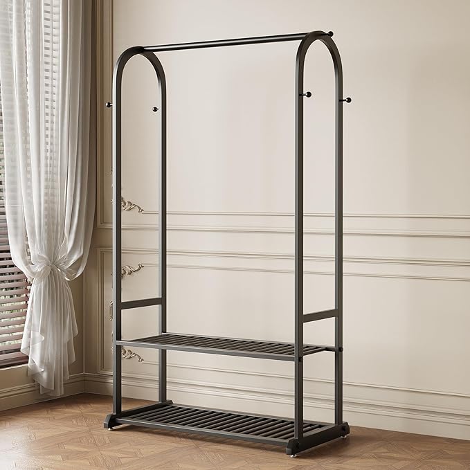 Black Clothing Rack,Heavy duty clothes rack with 2-tier Bottom Shelves, Garment Rack with 6 Side Hooks for Hanging Clothes, Coats, Shirts (black, 31.5in)