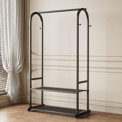 Black Clothing Rack,Heavy duty clothes rack with 2-tier Bottom Shelves, Garment Rack with 6 Side Hooks for Hanging Clothes, Coats, Shirts (black, 31.5in)