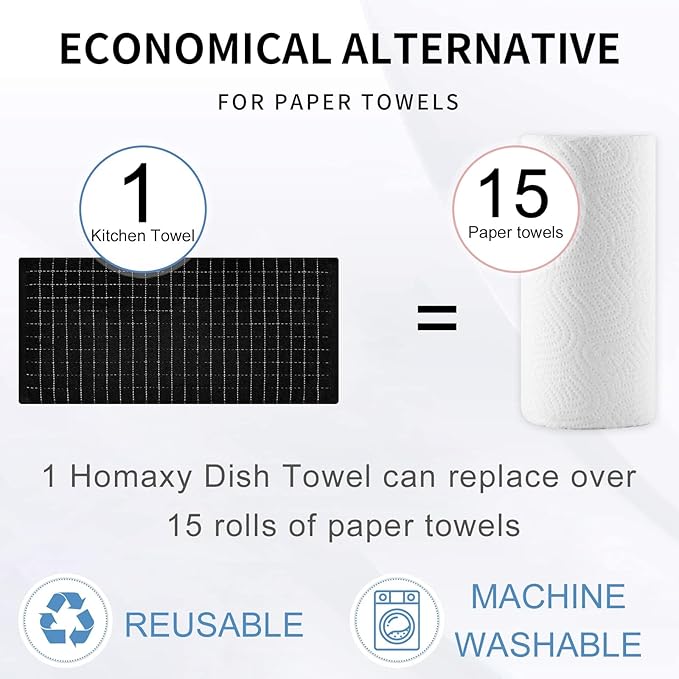 Homaxy 100% Cotton Terry Kitchen Towels(Navy+Grey+Black, 13 x 28 inches), Checkered Designed, Soft and Super Absorbent Dish Towels, 6 Pack