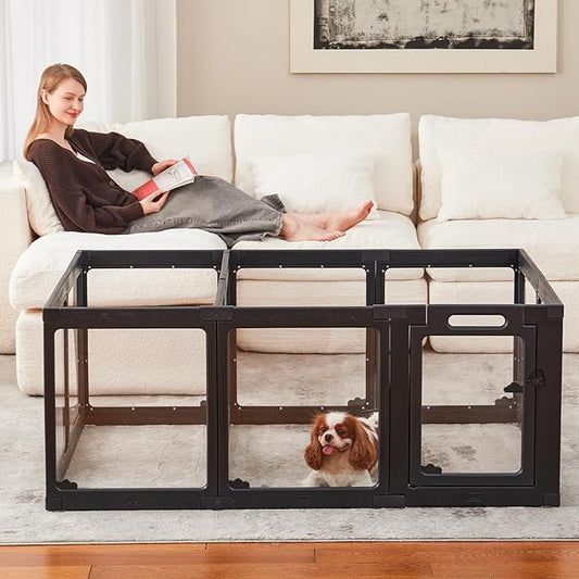 Acrylic Dog Playpen Indoor, Clear Dog Play Pen for Puppies and Small Dogs, Easy Assembly & Clean Puppy Pen (23.6", 16 Panels, Black)