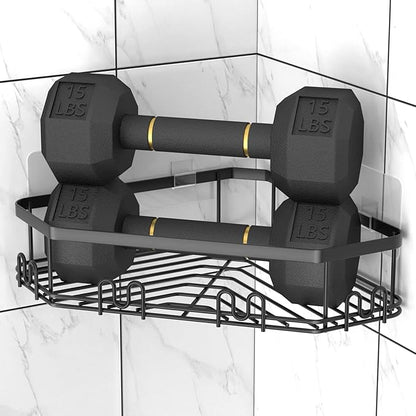 STEUGO Corner Shower Caddy, 3 Pack Adhesive Shower Corner Organizer Shelves, No Drilling Stainless Steel Shower Storage Rack with 12 Hooks for Bathroom, Dorm and Kitchen (Matte Black).